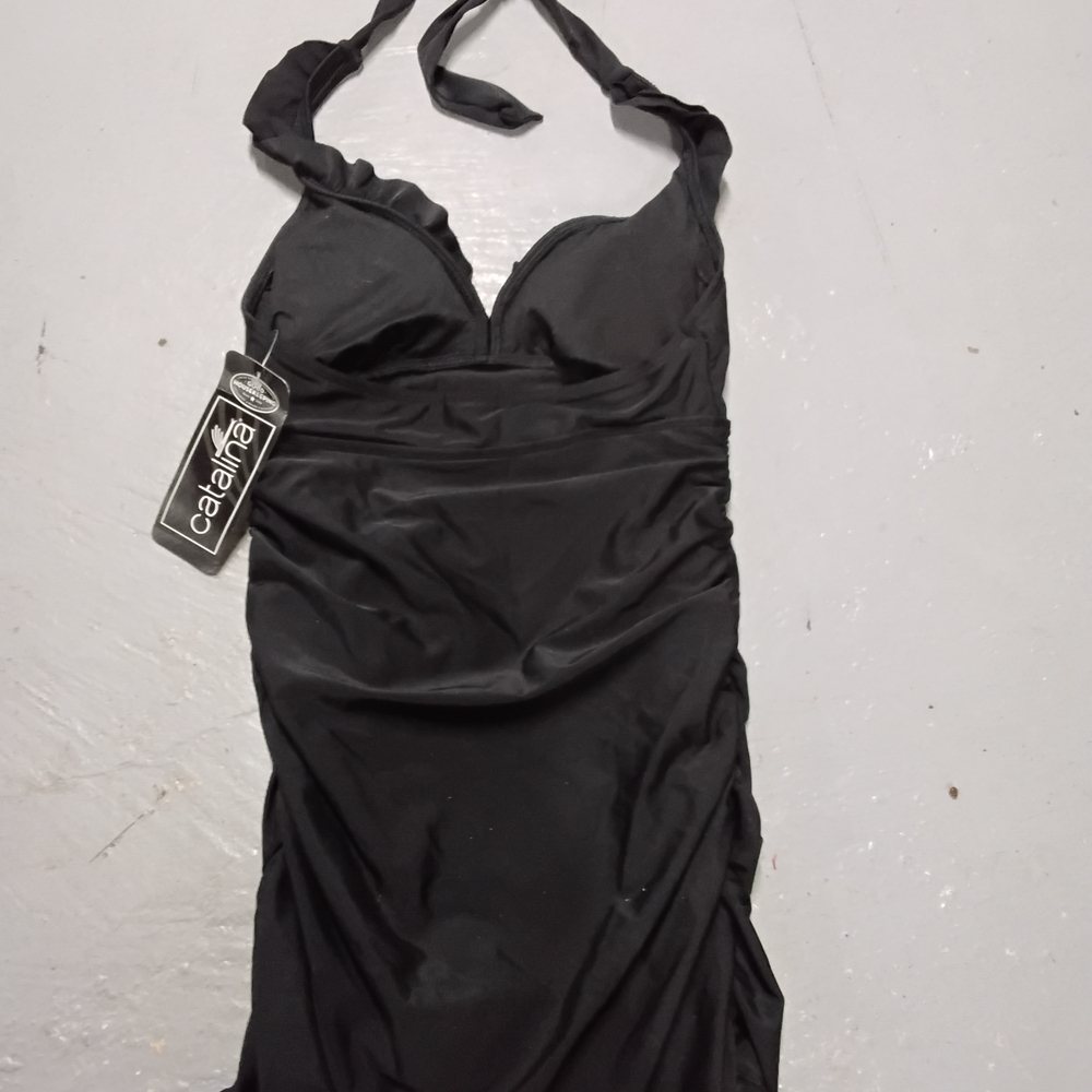 Black Halter Swimdress with Ruffled Neckline - Picture 4 of 5